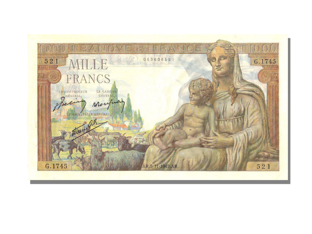 France, 1000 Francs, 1 000 F 1942-1943 ''Déesse Déméter'', 1942, KM #102, 194...