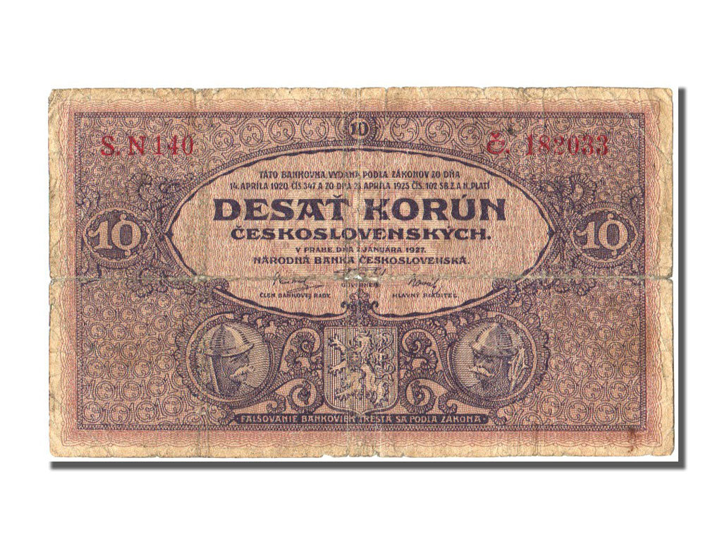 Czechoslovakia, 10 Korun, 1927, KM #20a, 1927-01-02, VG(8-10)