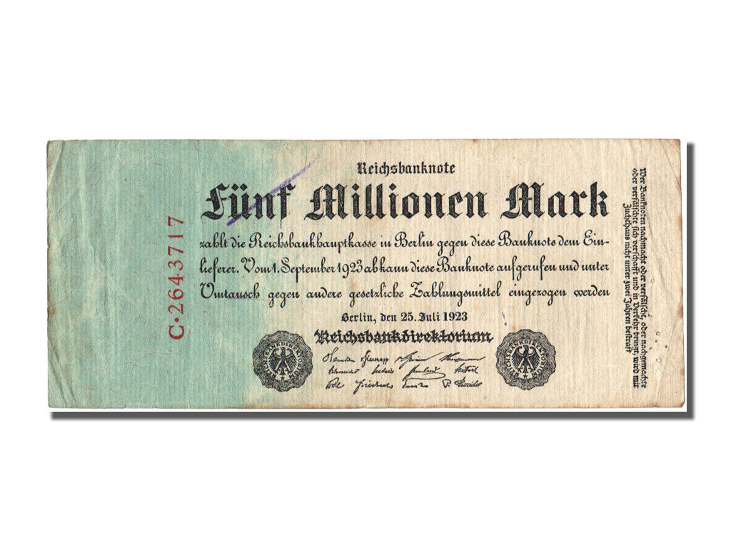 Germany, 5 Millionen Mark, 1923, KM #95, 1923-07-25, EF(40-45), C