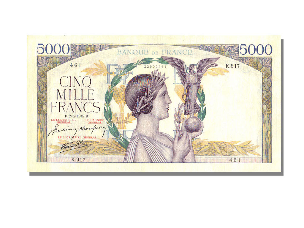 France, 5000 Francs, 5 000 F 1934-1944 ''Victoire'', 1942, KM #97c, 1942-04-02,.