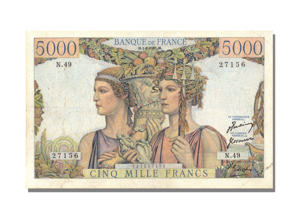Banknot, Francja, 5000 Francs, Terre et Mer, 1951, 1951-02-01, AU(50-53)