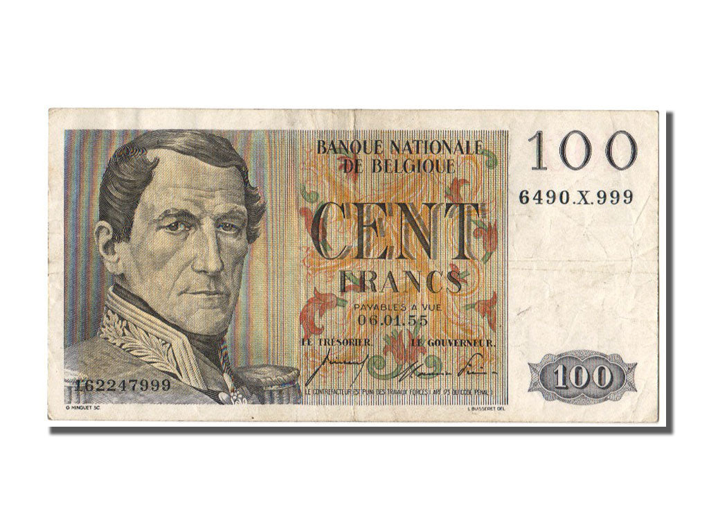 Belgium, 100 Francs, 1955, KM #129b, 1955-01-06, EF(40-45), 6490.X.999
