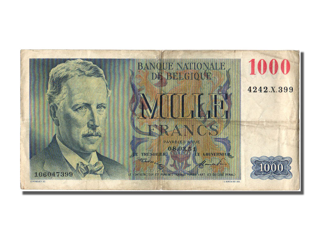 Belgium, 1000 Francs, 1951, KM #131a, 1951-03-08, EF(40-45), 4242.X.399