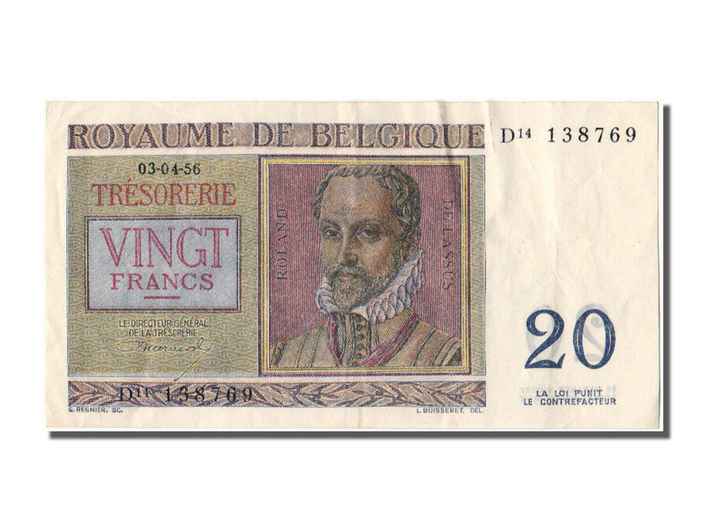 Belgium, 20 Francs, 1956, KM #132b, 1956-04-03, AU(55-58), D14