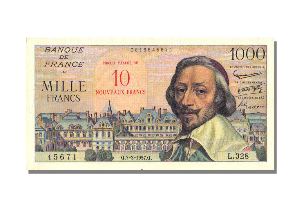Francia, 10 Nouveaux Francs on 1000 Francs, 1955-1959 Overprinted with ''Nouv...