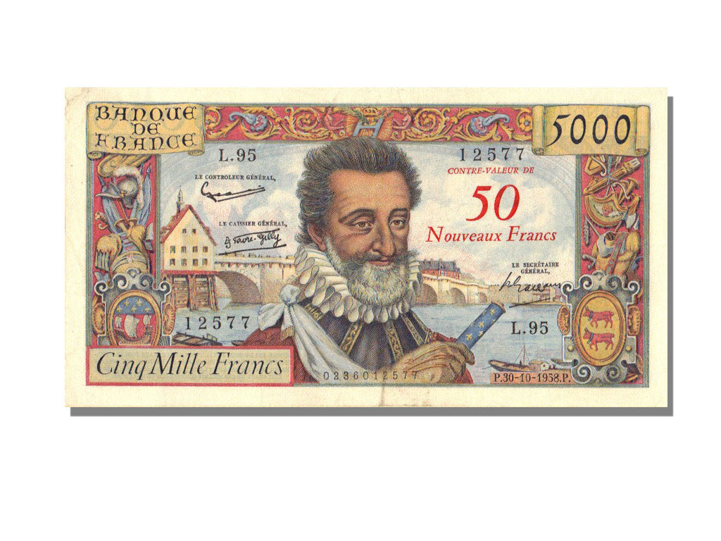 France, 50 Nouveaux Francs on 5000 Francs, 1955-1959 Overprinted with...