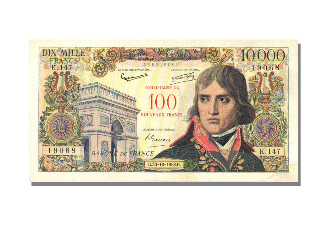 France, 100 Nouveaux Francs on 10,000 Francs, 1955-1959 Overprinted with...