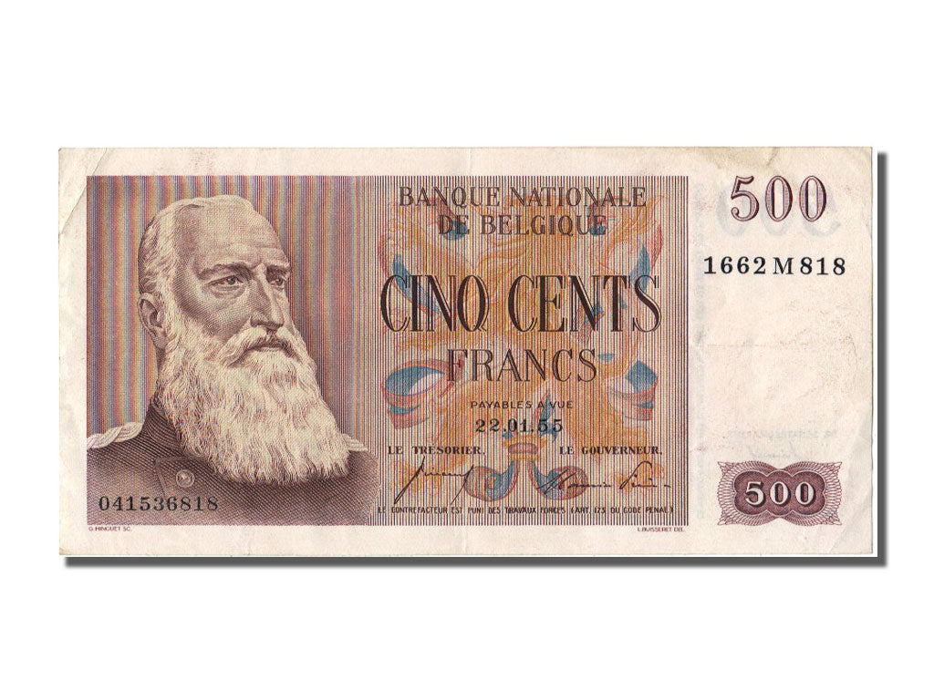 Belgium, 500 Francs, 1955, KM #130a, 1955-01-22, EF(40-45), 1662M818