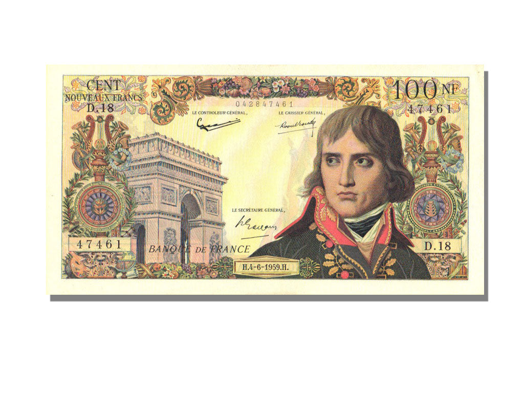 France, 100 Nouveaux Francs, 1959, KM #144a, 1959-06-04, UNC(63), D.18, Fayette.