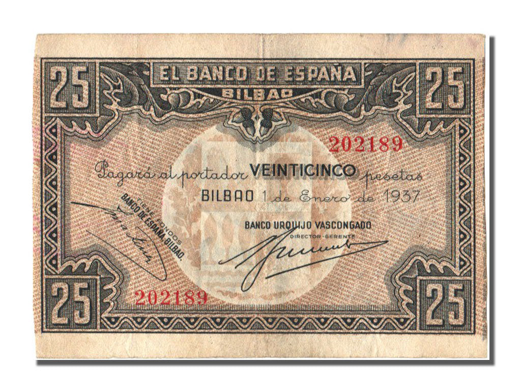 Spain, 25 Pesetas, 1937, KM #S563, 1937-01-01, EF(40-45)