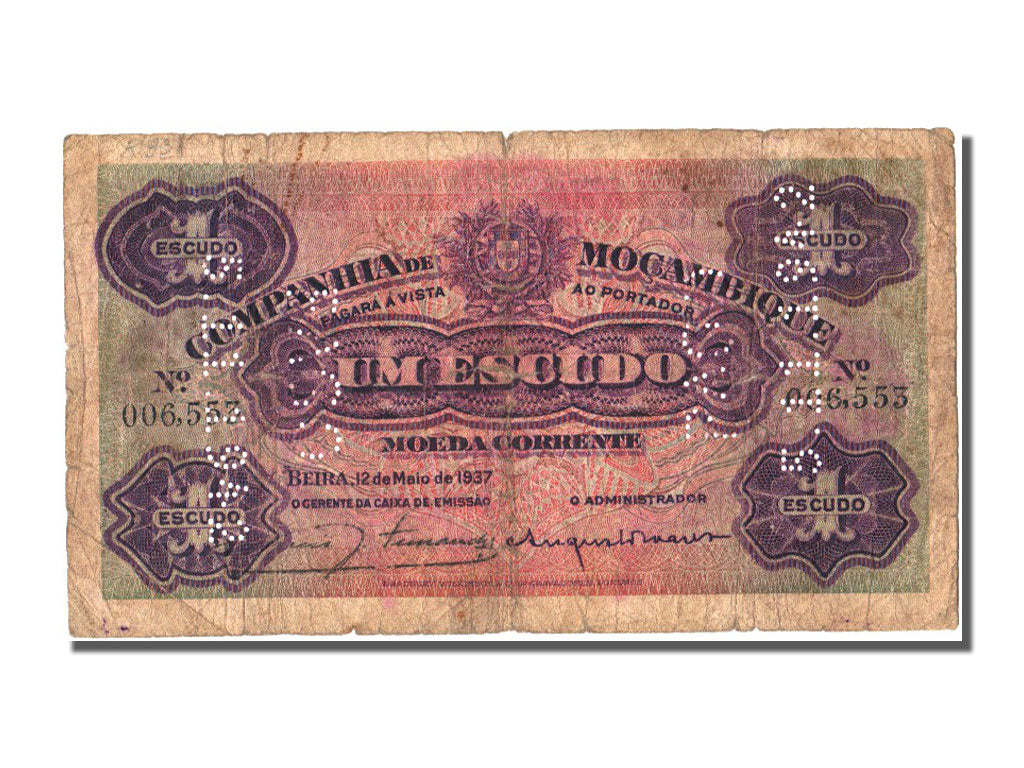 Mozambique, 1 Escudo, 1937, KM #R33, 1937-05-12, F(12-15)