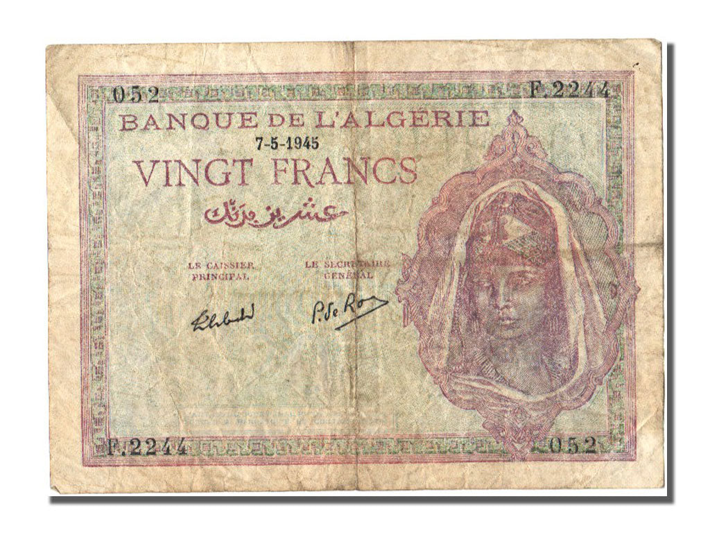 Algeria, 20 Francs, 1945, KM #92b, 1945-05-07, VF(30-35), F