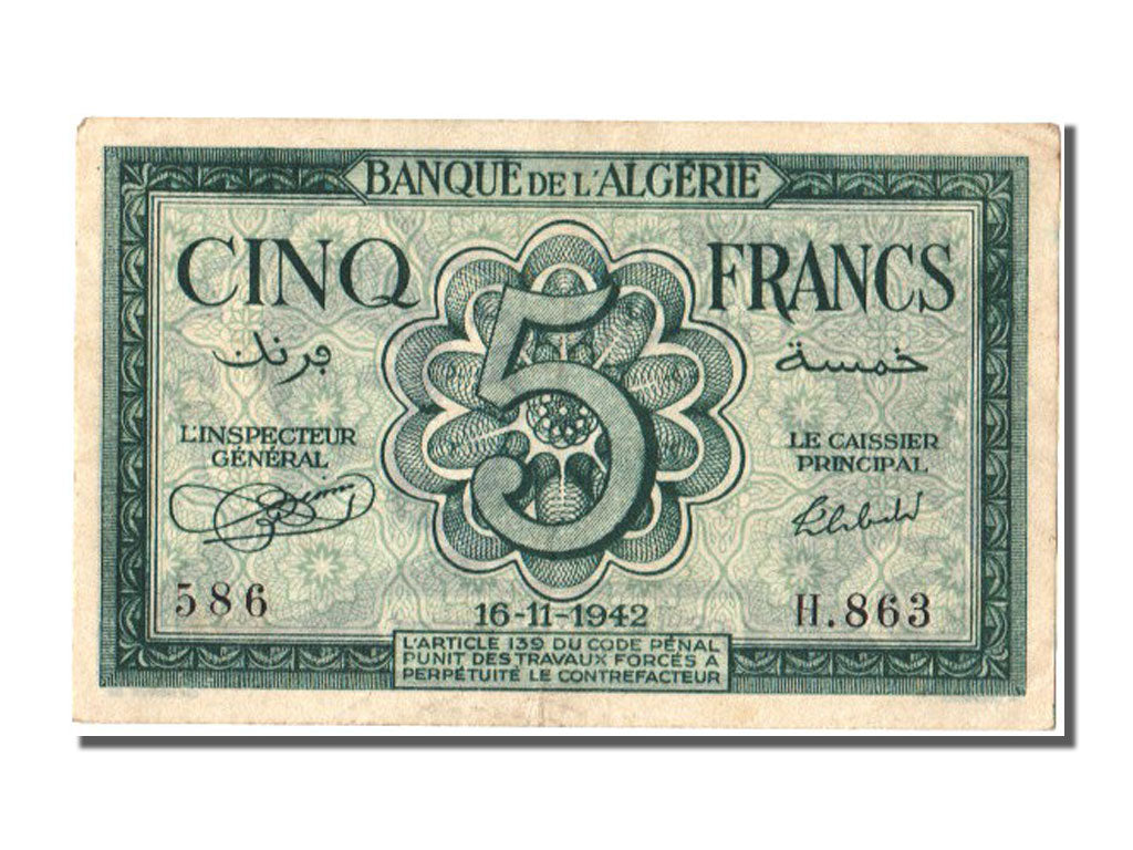 Algeria, 5 Francs, 1942, KM #91, 1942-11-16, AU(55-58), H