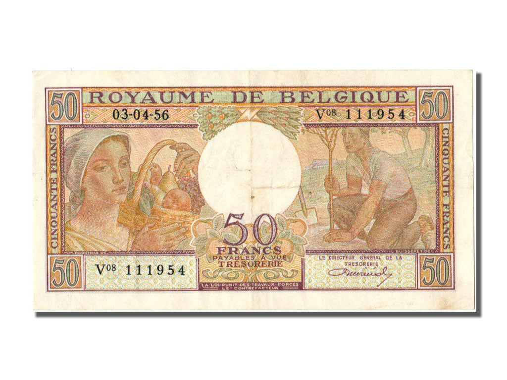 Belgium, 50 Francs, 1956, KM #133b, 1956-04-03, AU(55-58), V