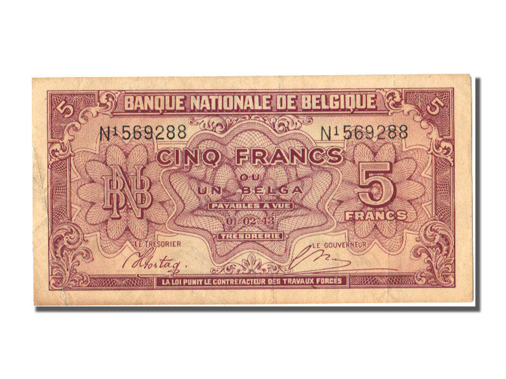 Belgium, 5 Francs-1 Belga, 1943, KM #121, 1943-02-01, EF(40-45), N