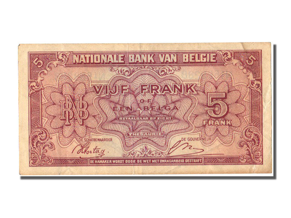 Belgium, 5 Francs-1 Belga, 1943, KM #121, 1943-02-01, EF(40-45), N