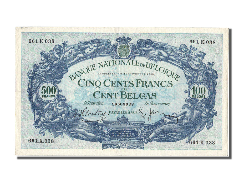 Belgium, 500 Francs-100 Belgas, 1938, KM #109, 1938-09-21, AU(55-58), K