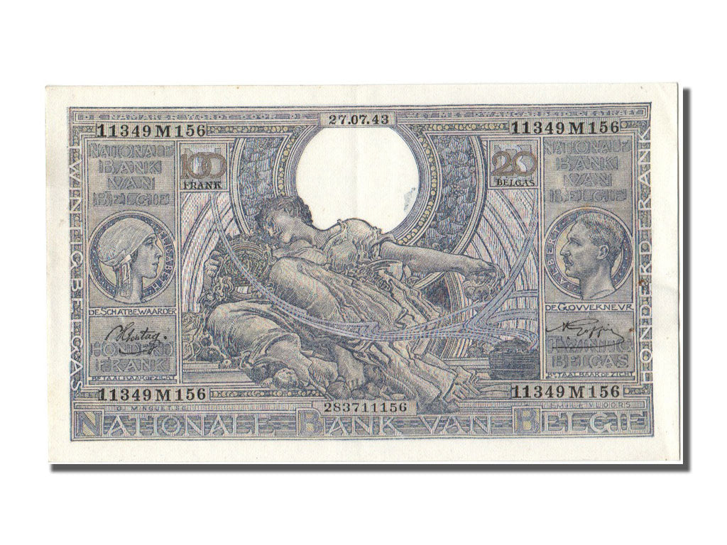 Belgium, 100 Francs-20 Belgas, 1943, KM #112, 1943-07-27, AU(55-58), M