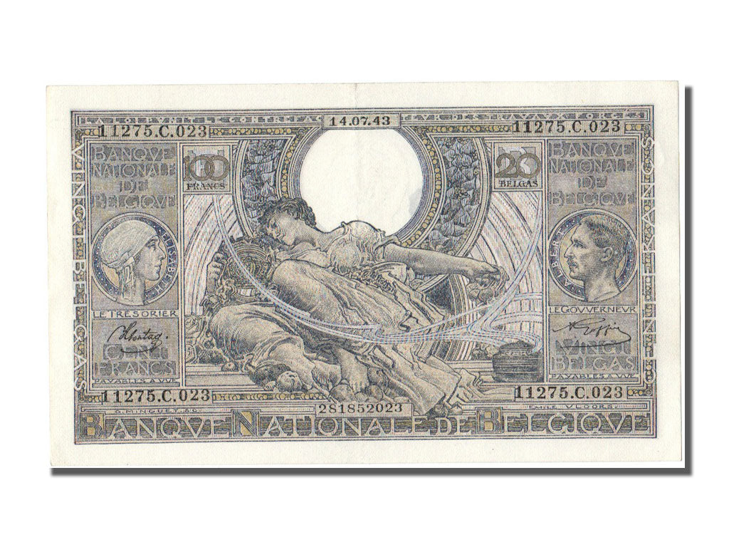 Belgium, 100 Francs-20 Belgas, 1943, KM #107, 1943-07-14, UNC(63), C