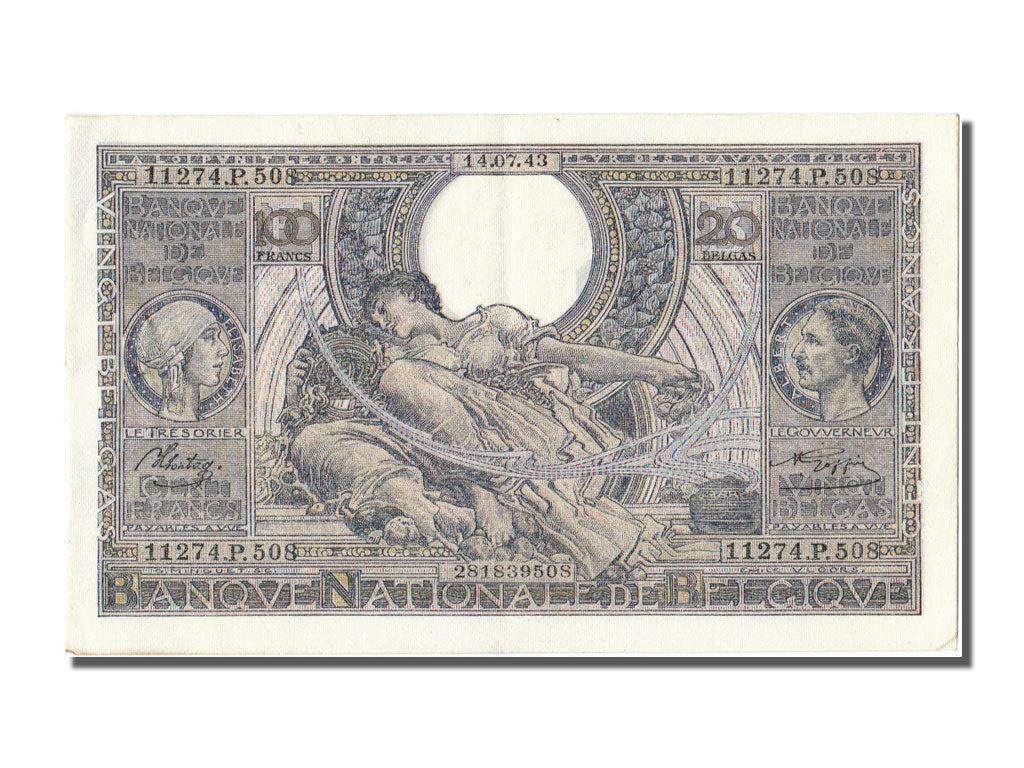 Belgium, 100 Francs-20 Belgas, 1943, KM #107, 1943-07-14, AU(55-58), P