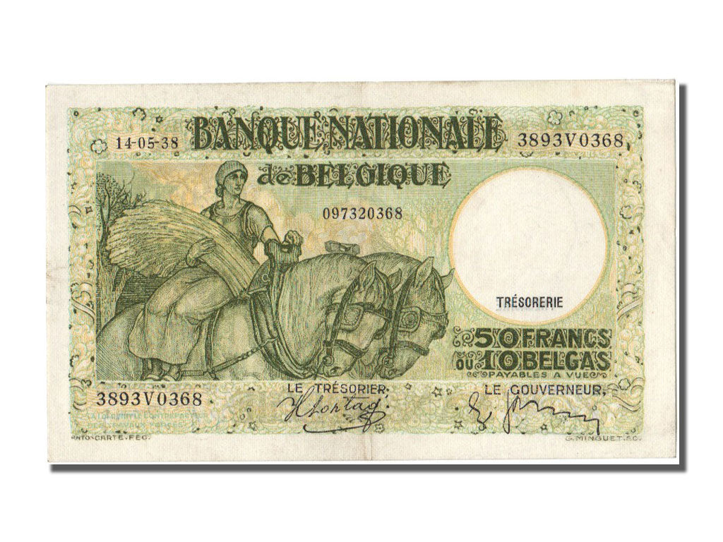 Belgium, 50 Francs-10 Belgas, 1938, KM #106, 1938-05-14, AU(50-53), V