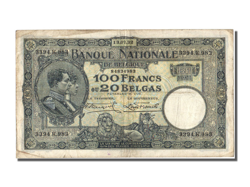 Belgium, 100 Francs-20 Belgas, 1932, KM #102, 1932-07-13, EF(40-45), K