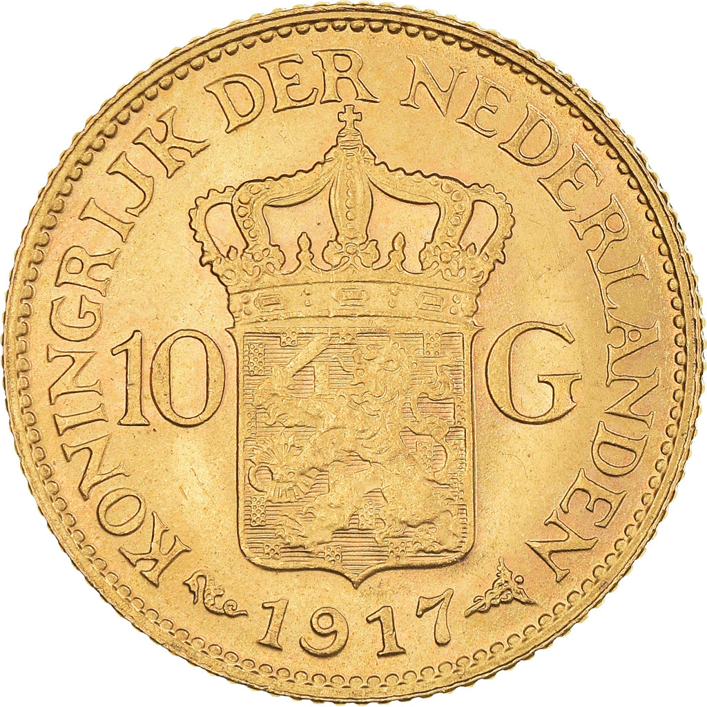 Coin, Netherlands, Wilhelmina I, 10 Gulden, 1917, MS(63), Gold, KM:149