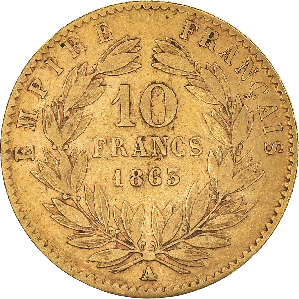 Moeda, França, Napoleon III, 10 Francs, 1863, Paris, VF(30-35), Dourado