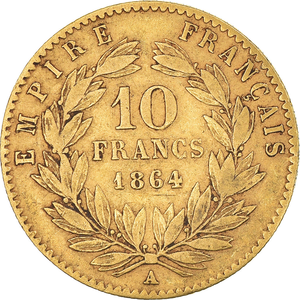 Moneta, Francja, Napoleon III, 10 Francs, 1864, Paris, VF(30-35), Złoto