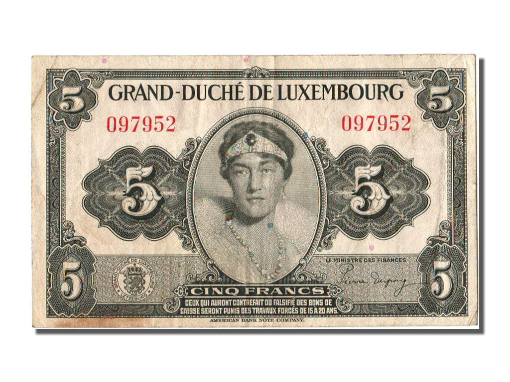 Luxembourg, 5 Francs, 1944, KM #43a, EF(40-45), O