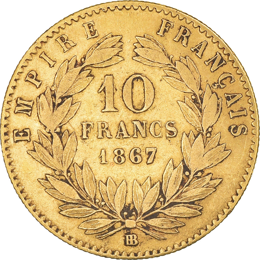 Moneta, Francja, Napoleon III, 10 Francs, 1867, Strasbourg, VF(30-35), Złoto