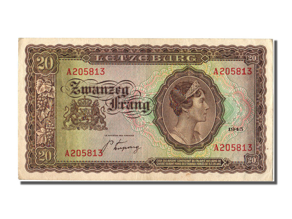 Luxembourg, 20 Frang, 1943, KM #42a, EF(40-45), A
