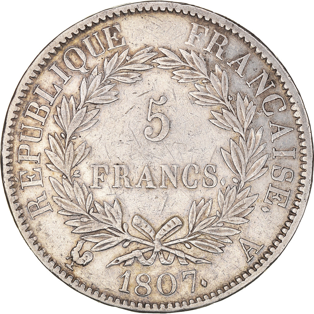 Münze, Frankreich, Napoléon I, 5 Francs, 1807, Paris, Very rare, SS, Silber