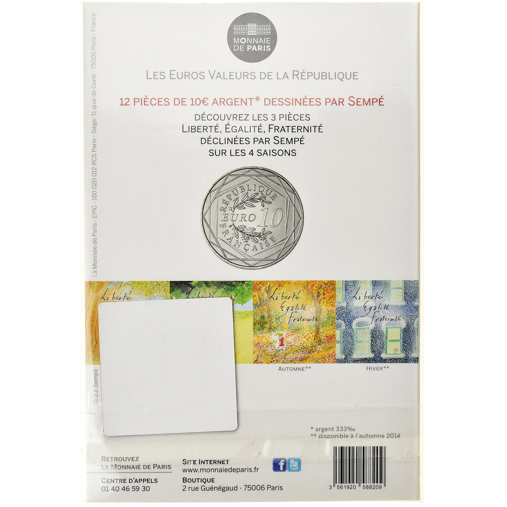 France, Monnaie de Paris, 10 Euro, Liberté Automne Sempé, 2014, Paris, FDC