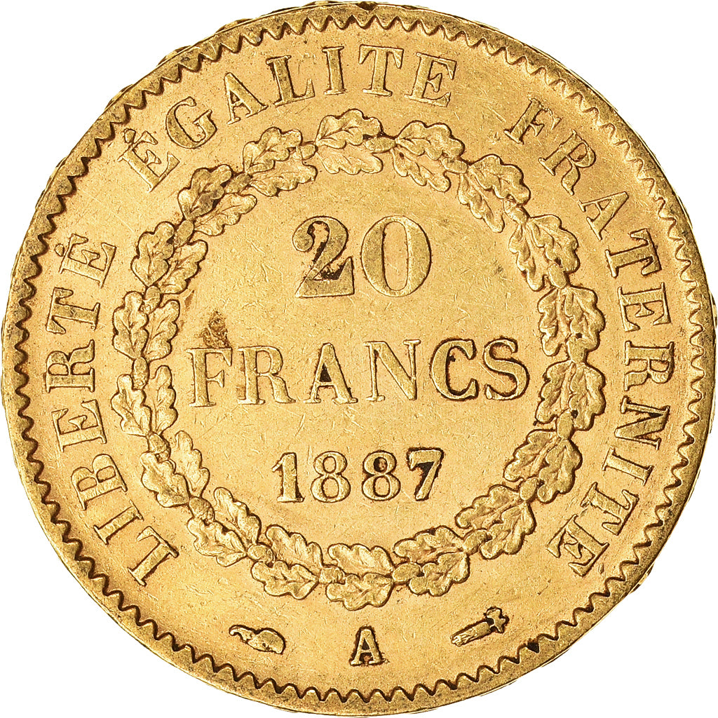Moneda, Francia, Génie, 20 Francs, 1887, Paris, MBC+, Oro, KM:825, Gadoury:1063