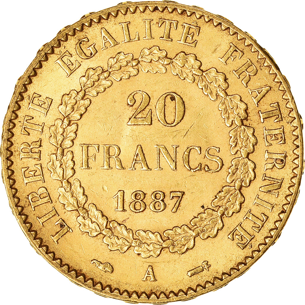 Moeda, França, Génie, 20 Francs, 1887, Paris, AU(55-58), Dourado, KM:825