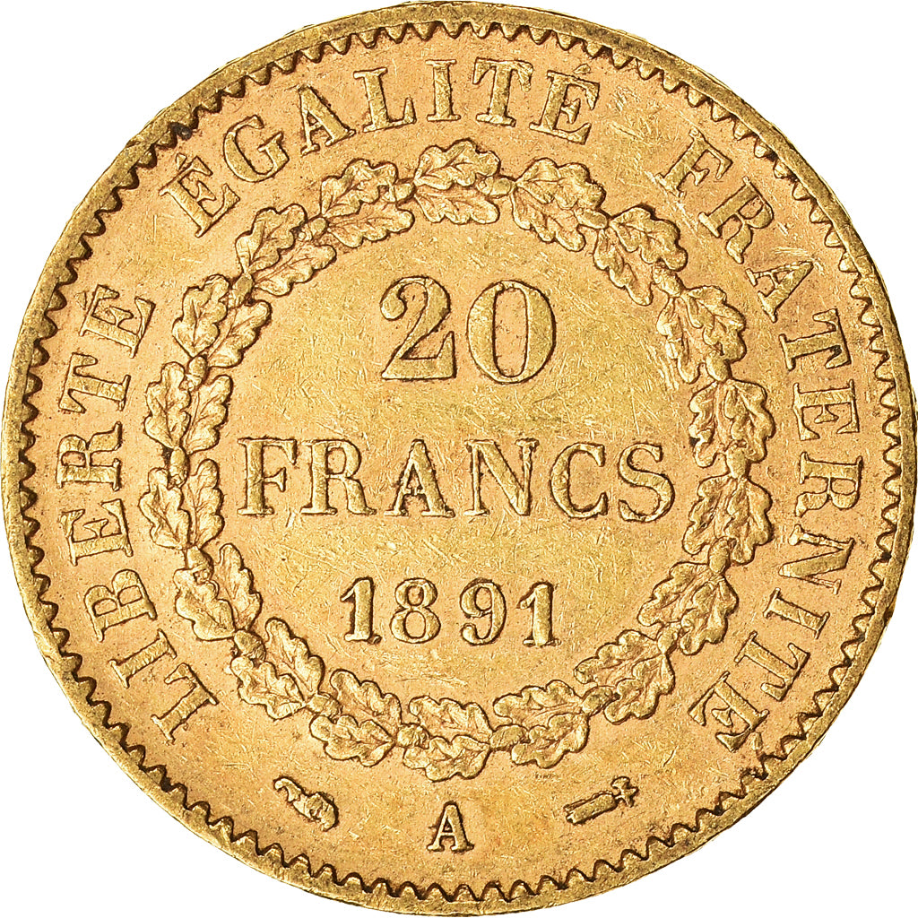 Moneda, Francia, Génie, 20 Francs, 1891, Paris, MBC+, Oro, KM:825, Gadoury:1063