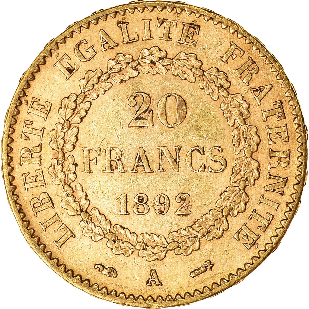 Moneda, Francia, Génie, 20 Francs, 1892, Paris, MBC+, Oro, KM:825, Gadoury:1063