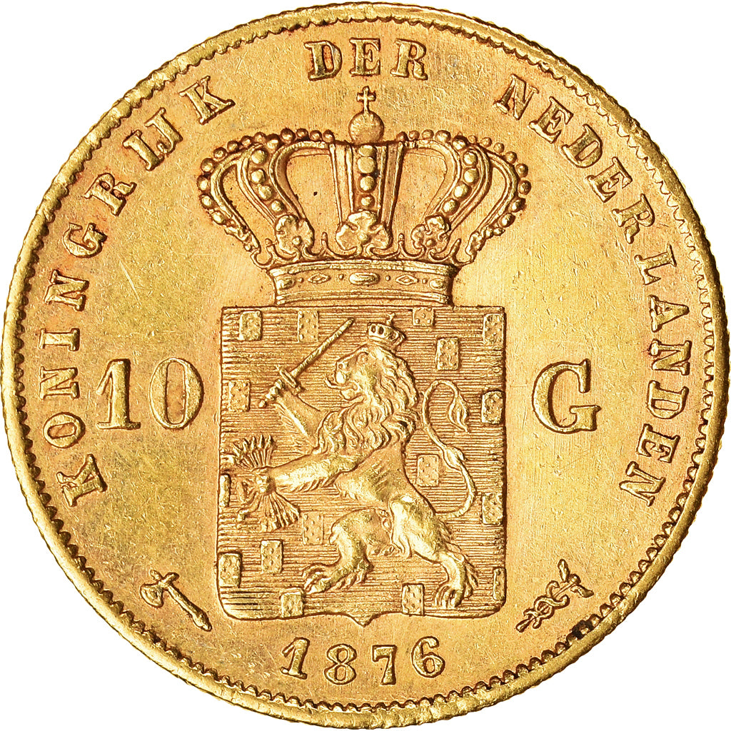 Coin, Netherlands, William III, 10 Gulden, 1875, Utrecht, AU(55-58), Gold