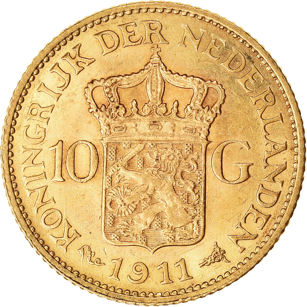 Coin, Netherlands, Wilhelmina I, 10 Gulden, 1911, AU(55-58), Gold, KM:149