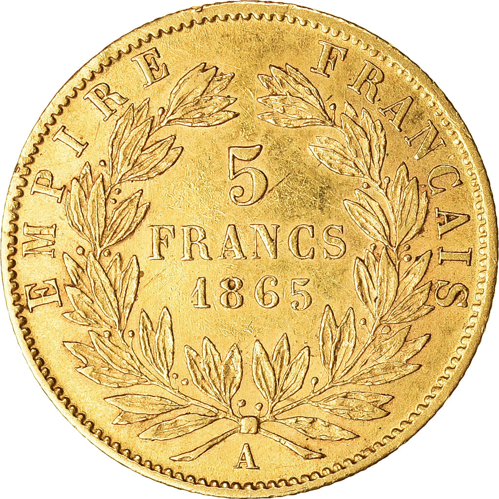 Moneda, Francia, Napoleon III, 5 Francs, 1865, Paris, MBC, Oro, KM:803.1