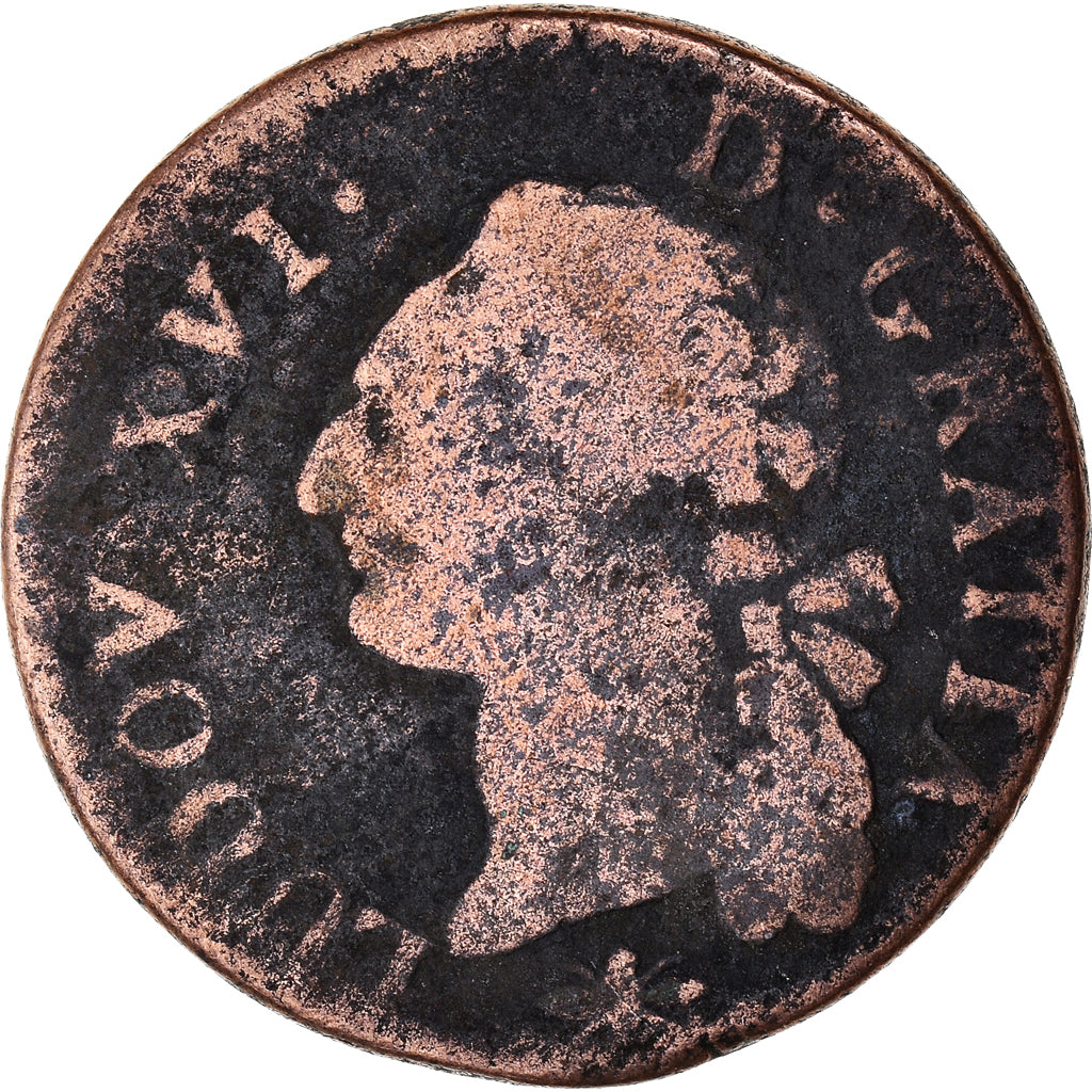 Monnaie, France, Louis XVI, Sol à l'Ecu, 1791, Lyon, B+, Cuivre, Gadoury:350