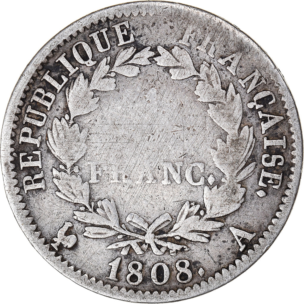 Moneda, Francia, Napoleon I, Franc, 1808, Paris, BC, Plata, KM:682.1