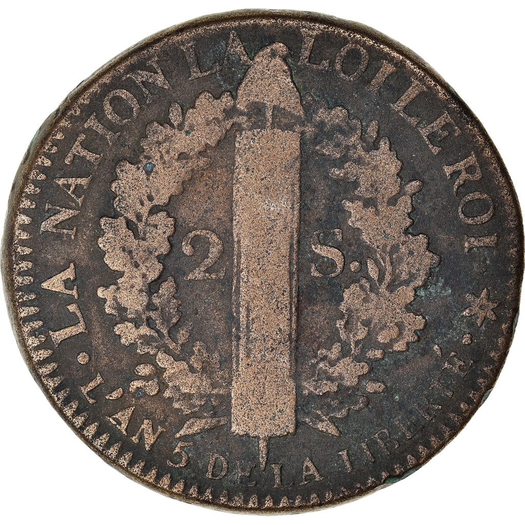 Münze, Frankreich, Louis XVI, 2 Sols, 1793, Strasbourg, S, Métal de cloche