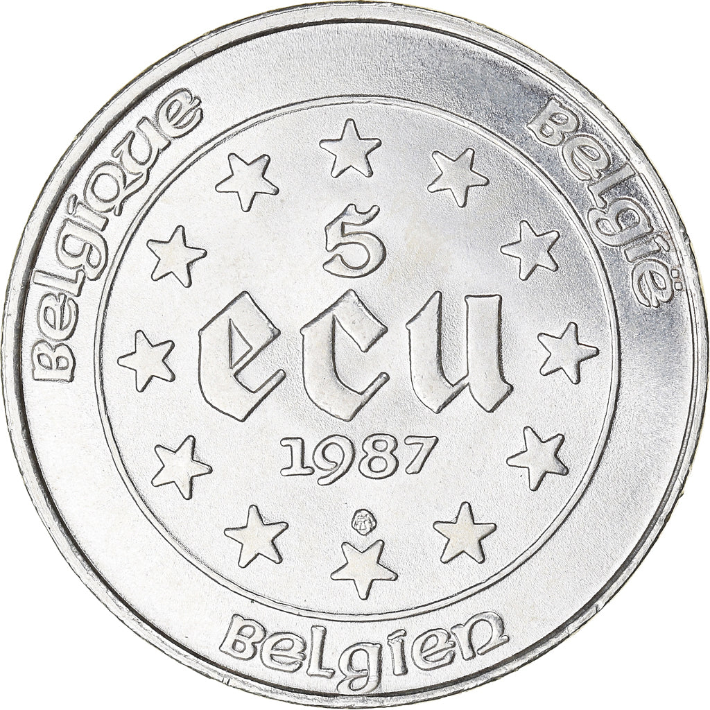 Coin, Belgium, 5 Ecu, 1987, MS(60-62), Silver, KM:166