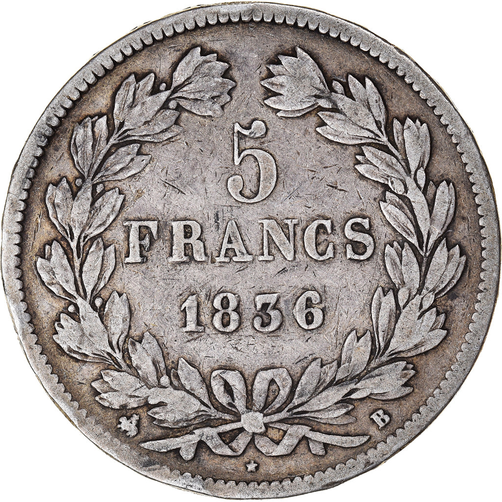 Coin, France, Louis-Philippe, 5 Francs, 1836, Rouen, VF(30-35), Silver