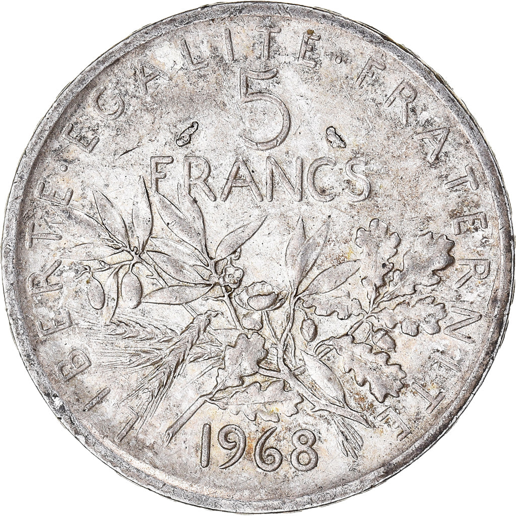 Moeda, França, Semeuse, 5 Francs, 1968, AU(50-53), Prata, KM:926, Gadoury:770