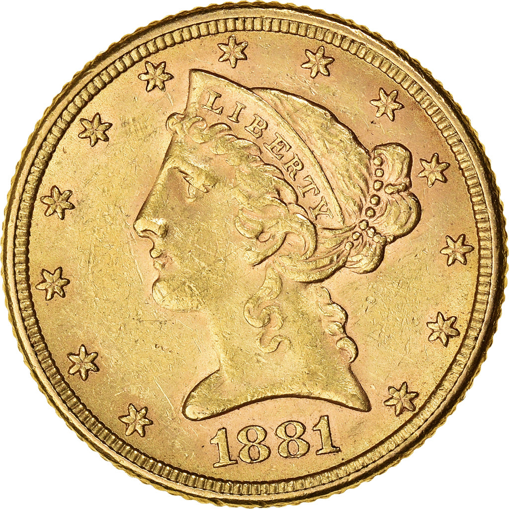 Moneta, Stati Uniti, Coronet Head, $5, Half Eagle, 1881, Philadelphia, BB+, Oro