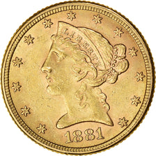 Moneta, Stati Uniti, Coronet Head, $5, Half Eagle, 1881, Philadelphia, BB+, Oro