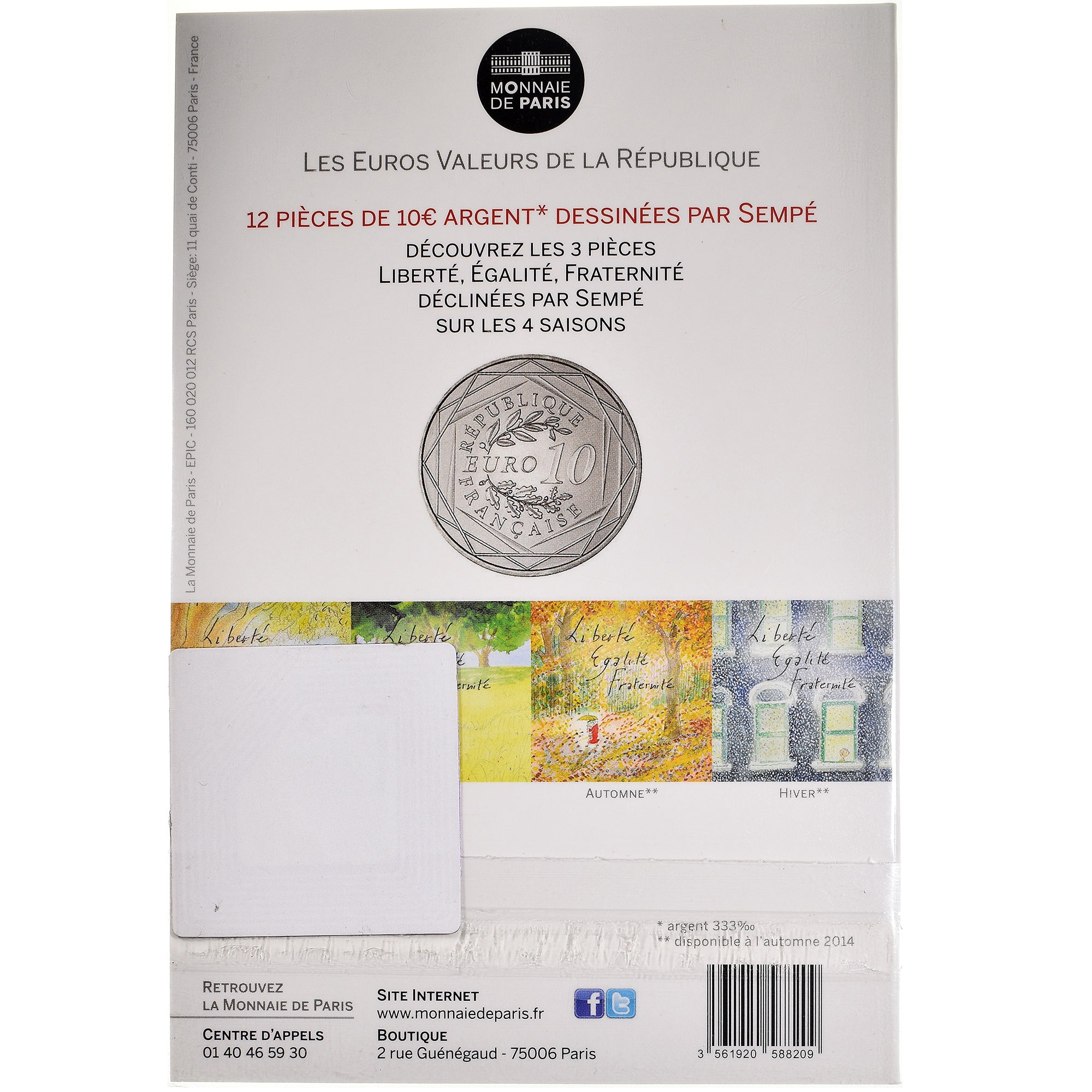 France, Monnaie de Paris, 10 Euro, Egalité Automne Sempé, 2014, Paris, FDC